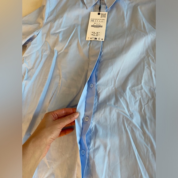 Zara Slim Fit Poplin Cotton Shirt Light Blue below-the-elbow sleeves ZW XS NWT - Picture 13 of 16